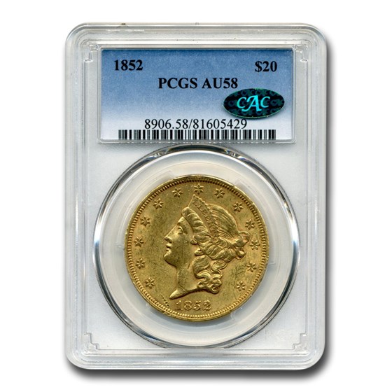 1852 $20 Liberty Gold Double Eagle AU-58 PCGS CAC 1852 $20 Liberty Gold Double Eagle AU-58 PCGS CAC